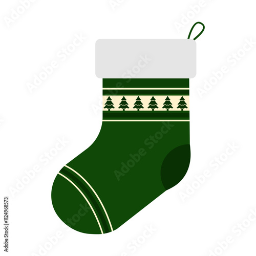 Green Stocking illustration, Christmas Decoration graphic elements, Isolated Festive ornaments clip art in Flat style, Winter Sticker for Banner and greeting card, vector stock