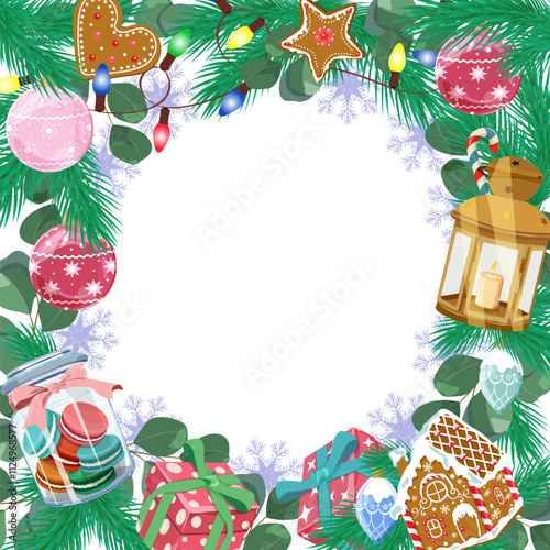 Festive Christmas card with fir tree and festive decorations balls, gingerbreads, snowflakes, sweets on white background. Christmas template for banner, ticket, leaflet, card, invitation