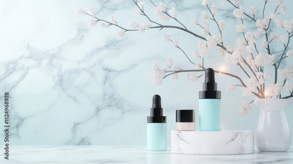 An elegant arrangement of skincare products on a white marble table, including bottles of serums, lotions, and creams, with delicate flowers and soft lighting, creating a luxurious and sophisticated An elegant arrangement of skincare products on a white marble table, including bottles of serums, lotions, and creams, with delicate flowers and soft lighting, creating a luxurious and sophisticated