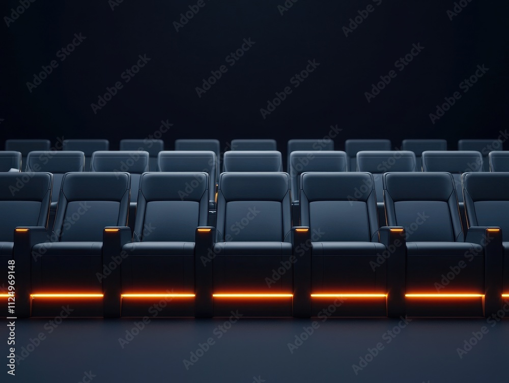 Fototapeta premium A row of modern, sleek theater chairs with illuminated bases, set against a dark background, creating an inviting ambiance for moviegoers.