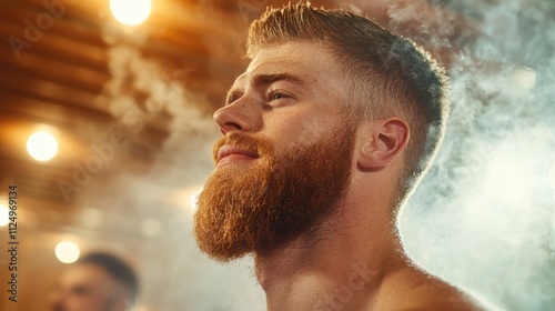 A group of friends relaxing in a traditional Finnish sauna, with warm, inviting lighting and steam filling the air, showcasing the social and health benefits of sauna bathing. photo