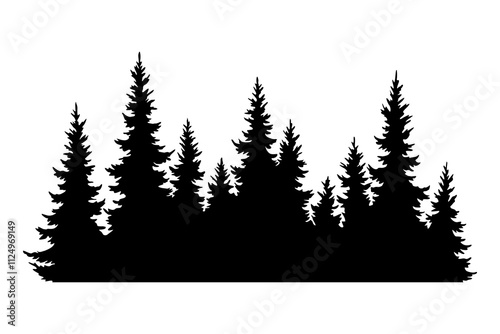 Fir trees silhouette. Coniferous spruce horizontal background pattern, black evergreen woods vector illustration. Beautiful hand drawn panorama of coniferous forest