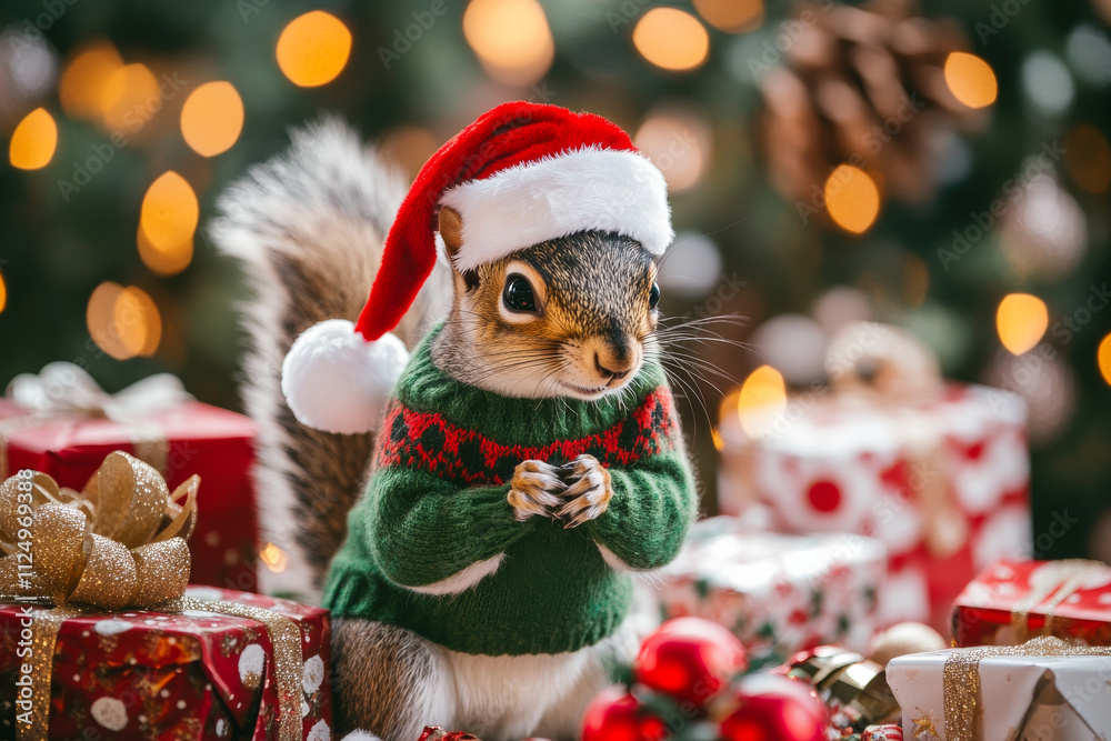 Obraz premium A playful squirrel in a green sweater and Santa hat, surrounded by vibrant holiday gifts, glittering decorations, and a cozy festive backdrop.