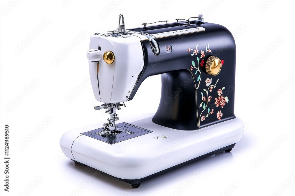 A compact and stylish sewing machine, isolated on a bright white background, emphasizing its practicality and state-of-the-art technology A compact and stylish sewing machine, isolated on a bright white background, emphasizing its practicality and state-of-the-art technology