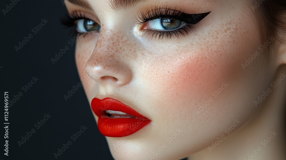 Stunning close-up of a woman with striking makeup and red lips
