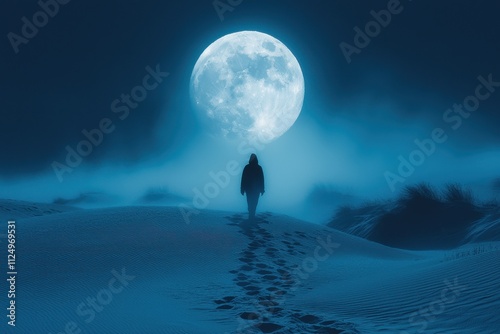 Moonlit walk on a sandy landscape with a solitary figure under a full moon at night. Generative AI photo