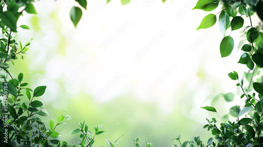 Green leaves framing bright background creating copy space with natural sunlight Green leaves framing bright background creating copy space with natural sunlight