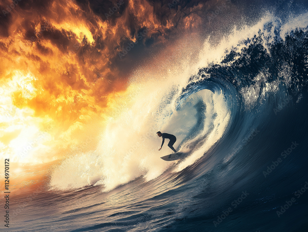 Naklejka premium Surfer na ogromnej fali, pryskająca woda i odbijające się światło słoneczne.