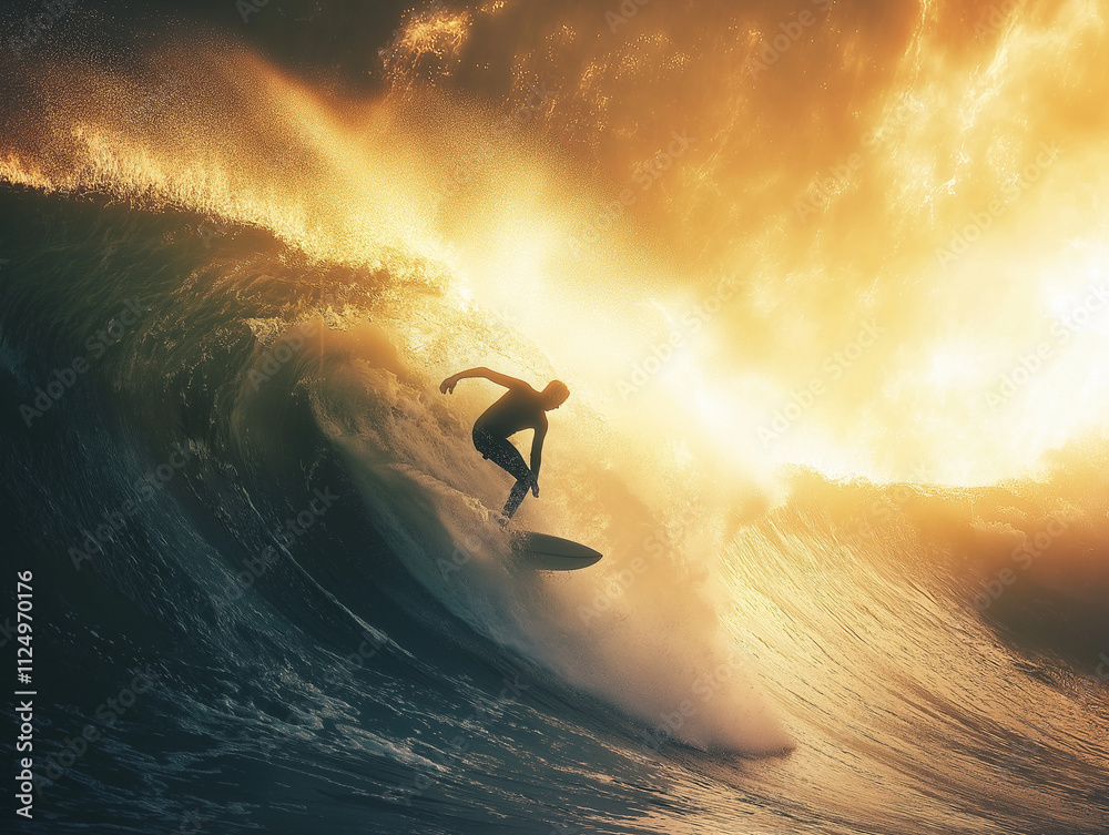 Naklejka premium Surfer na ogromnej fali, pryskająca woda i odbijające się światło słoneczne.