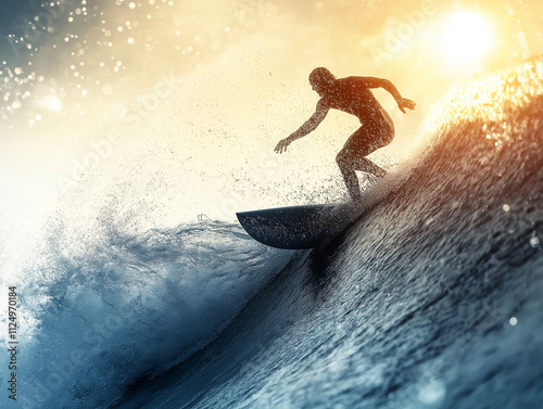 Surfer na ogromnej fali, pryskająca woda i odbijające się światło słoneczne. photo