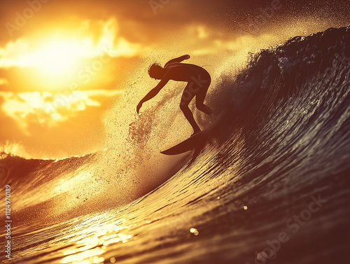 Surfer na ogromnej fali, pryskająca woda i odbijające się światło słoneczne. photo