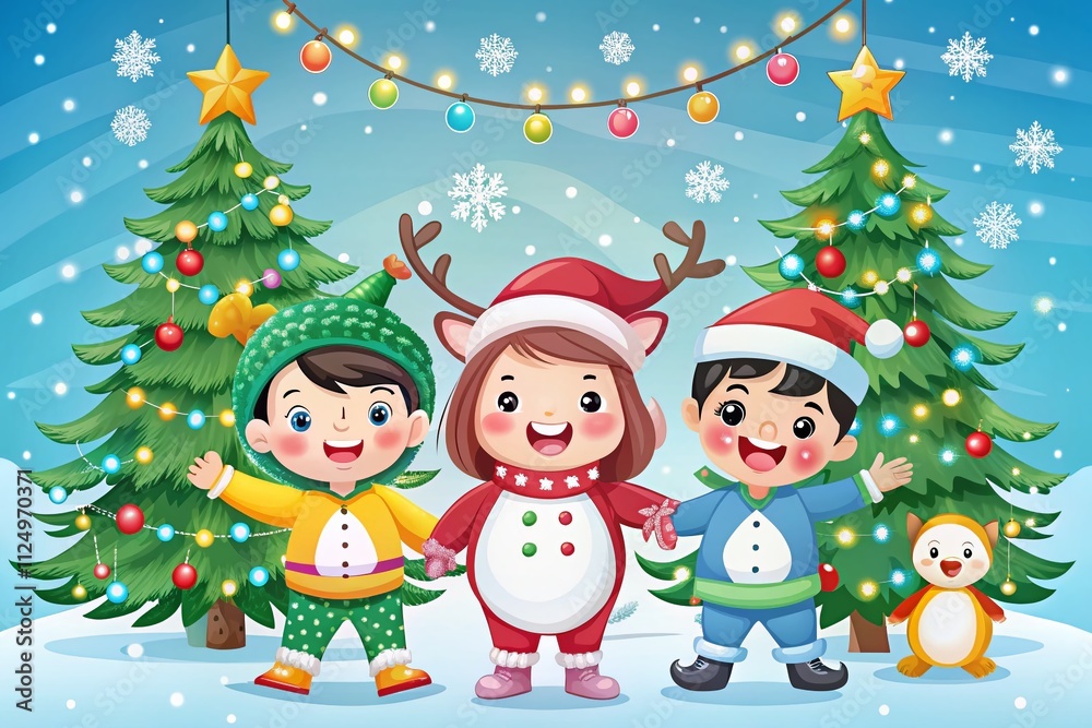 Cartoon Children in Festive Christmas Costumes: Reindeer, Fir Tree, and Penguin Attire for a Joyful Carnival Celebration with Vibrant Colors and Playful Expressions Cartoon Children in Festive Christmas Costumes: Reindeer, Fir Tree, and Penguin Attire for a Joyful Carnival Celebration with Vibrant Colors and Playful Expressions