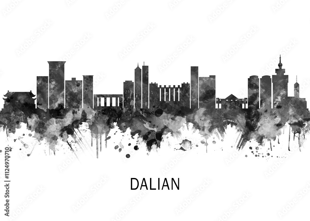 Dalian China Skyline BW, print poster travel art illustration urban modern downtown landmarks skyscrapers artwork architecture digital design Dalian China Skyline BW, print poster travel art illustration urban modern downtown landmarks skyscrapers artwork architecture digital design