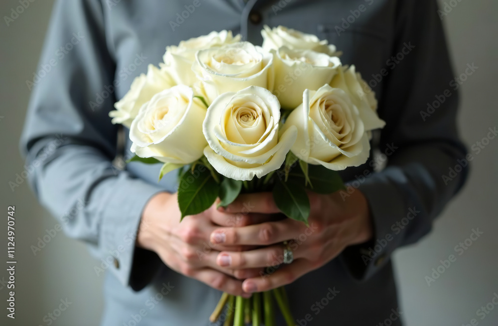 Man holding bouquet of white roses, gift flavor of large flowers. AI Generative Man holding bouquet of white roses, gift flavor of large flowers. AI Generative