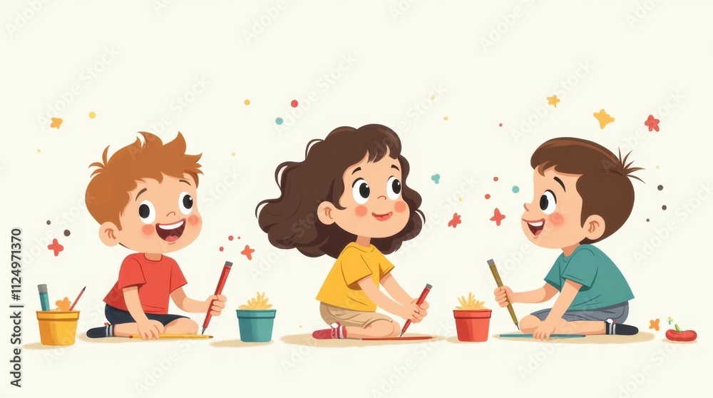 Children Learning to Draw Minimalist Illustration Children Learning to Draw Minimalist Illustration