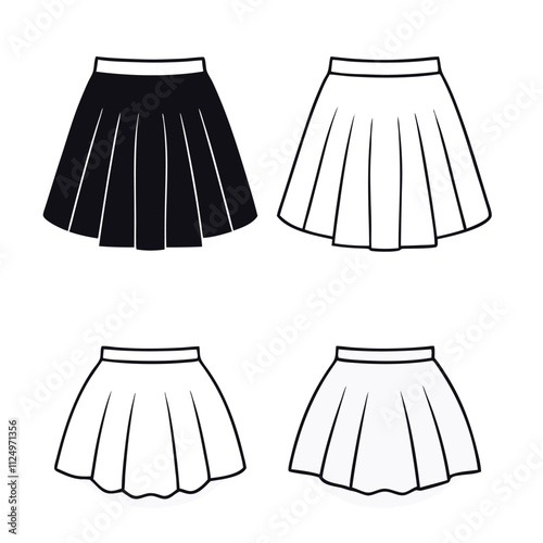 four different views of a pleated skirt. line art