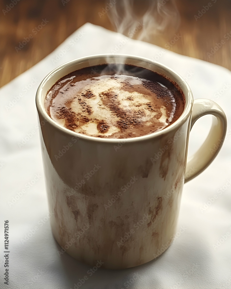Obraz premium Steaming mug of hot chocolate with cocoa powder art on a white napkin.