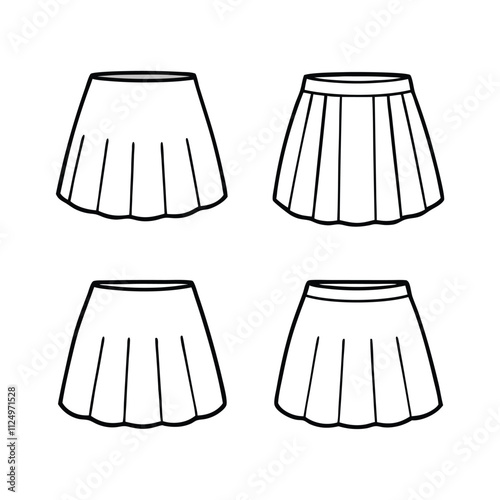 four different views of a pleated skirt. line art