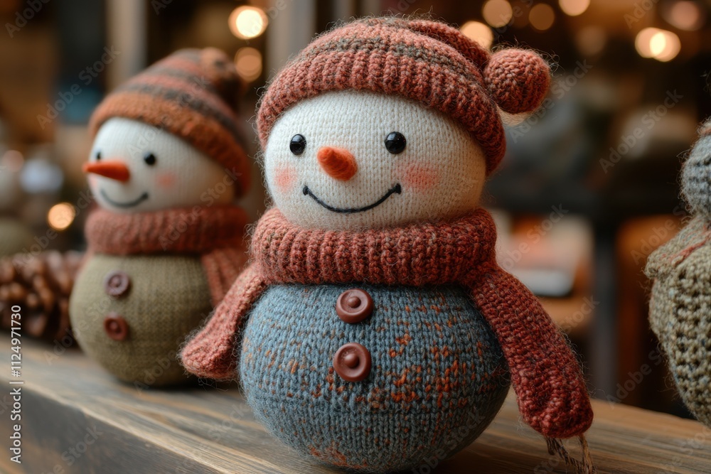 A cozy display of knitted snowmen, perfect for winter decor and festive cheer. A cozy display of knitted snowmen, perfect for winter decor and festive cheer.