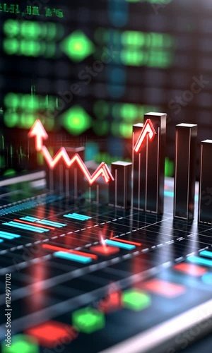 Financial graph with upward trend and stock market indicators.
