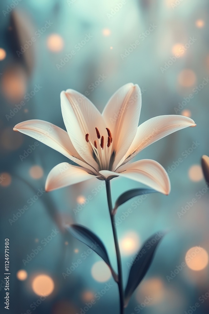 Elegant White Lily, Macro Portrait Tranquil Beauty on a Turquoise, Bokeh Background Elegant White Lily, Macro Portrait Tranquil Beauty on a Turquoise, Bokeh Background