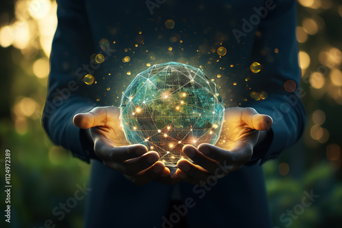 Fantastic Businessman holding glowing blockchain sphere dark suit gold accents