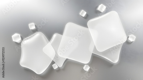 Dynamic frosted glass shapes layered on a metallic background blending titanium gray and polished silver photo