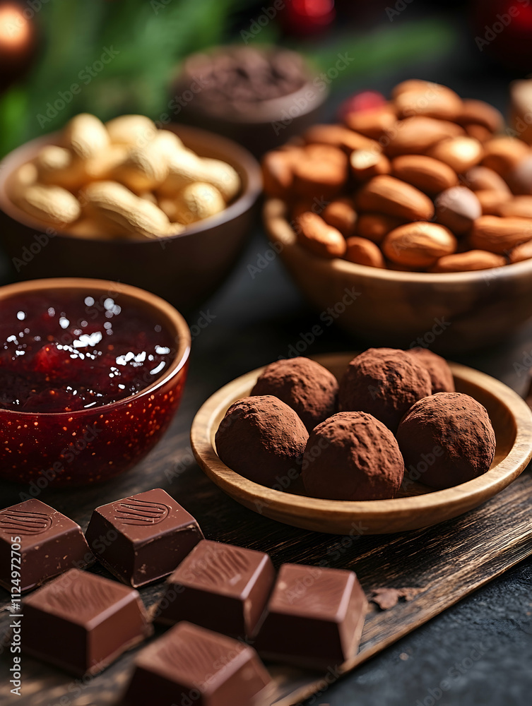 Assorted chocolates, nuts, and jam on wooden surface. Assorted chocolates, nuts, and jam on wooden surface.