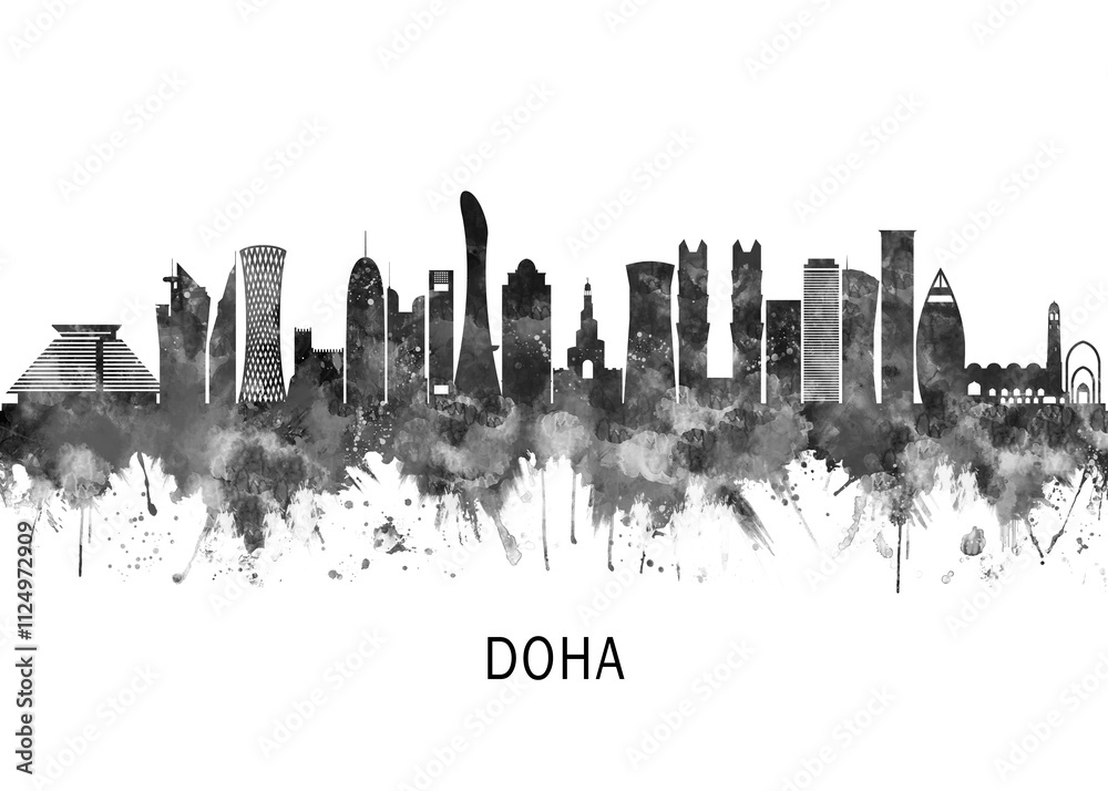 Fototapeta premium Doha Qatar Skyline BW, print poster travel art illustration urban modern downtown landmarks skyscrapers artwork architecture digital design