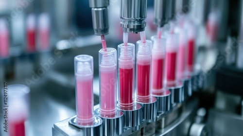 Cosmetics filling line: lip gloss tubes passing through a filler, a capper, then a shrink-wrapper, pastel branding visible