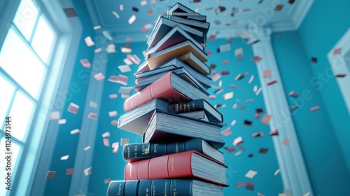 An overflowing bookshelf with stacks of books piled high, some leaning precariously against each other, suggesting an avid reader with a vast collection.