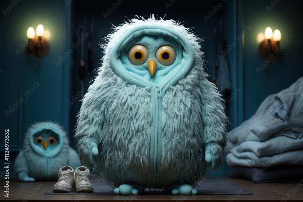 Obraz premium Beautiful owl sitting on a wooden floor in a dark room. Halloween concept.
