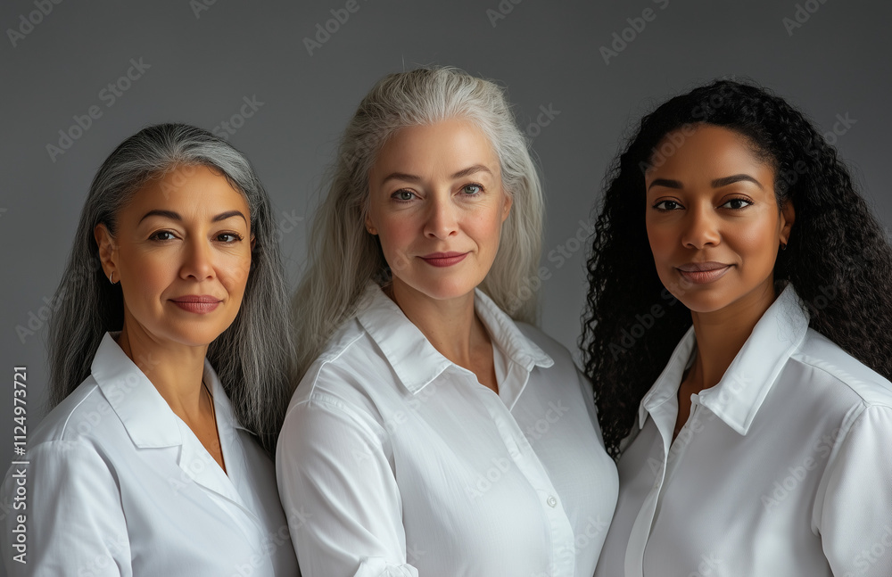 Three diverse women of different ages wearing white shirts, standing confidently together against a neutral gray background. They exude grace, unity, and empowerment Three diverse women of different ages wearing white shirts, standing confidently together against a neutral gray background. They exude grace, unity, and empowerment