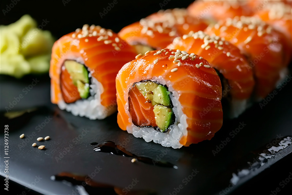 salmon roll japanese cuisine concept on a black background salmon roll japanese cuisine concept on a black background