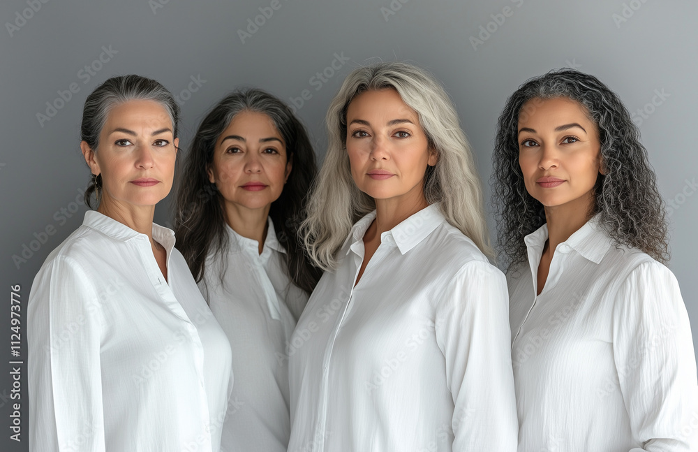 Three diverse women of different ages wearing white shirts, standing confidently together against a neutral gray background. They exude grace, unity, and empowerment Three diverse women of different ages wearing white shirts, standing confidently together against a neutral gray background. They exude grace, unity, and empowerment