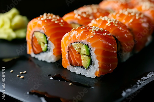 salmon roll japanese cuisine concept on a black background