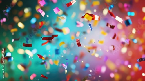 Vibrant confetti cascading against a colorful, blurred backdrop, setting the stage for joyful festivities
