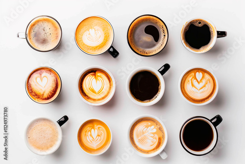 different types of coffee on white background top view