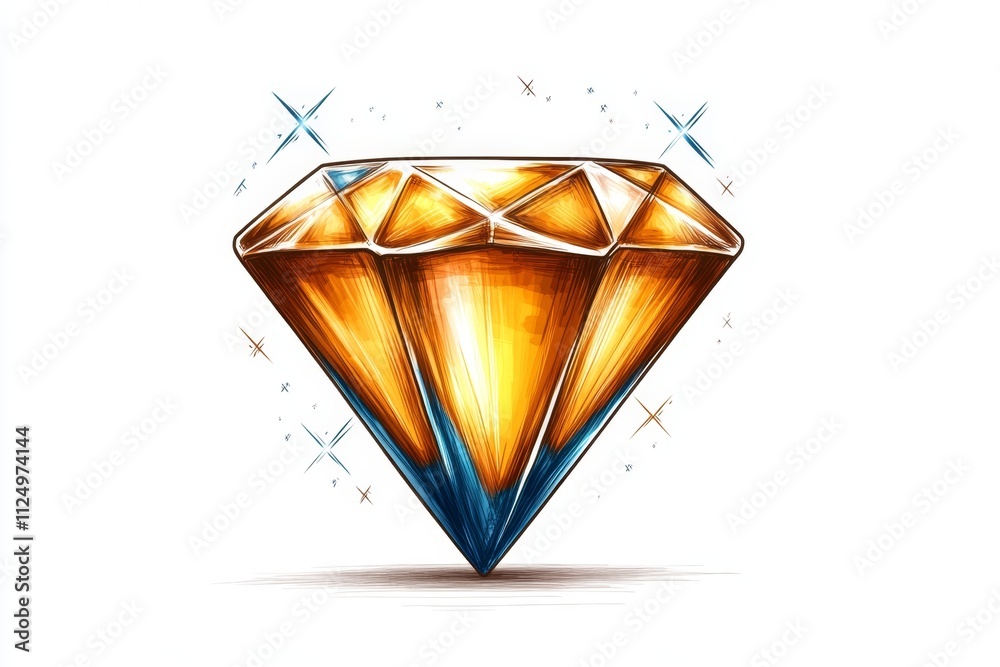 A flat 2D illustration of a diamond in a bright, playful style, with colorful sparkles surrounding it on a white background A flat 2D illustration of a diamond in a bright, playful style, with colorful sparkles surrounding it on a white background