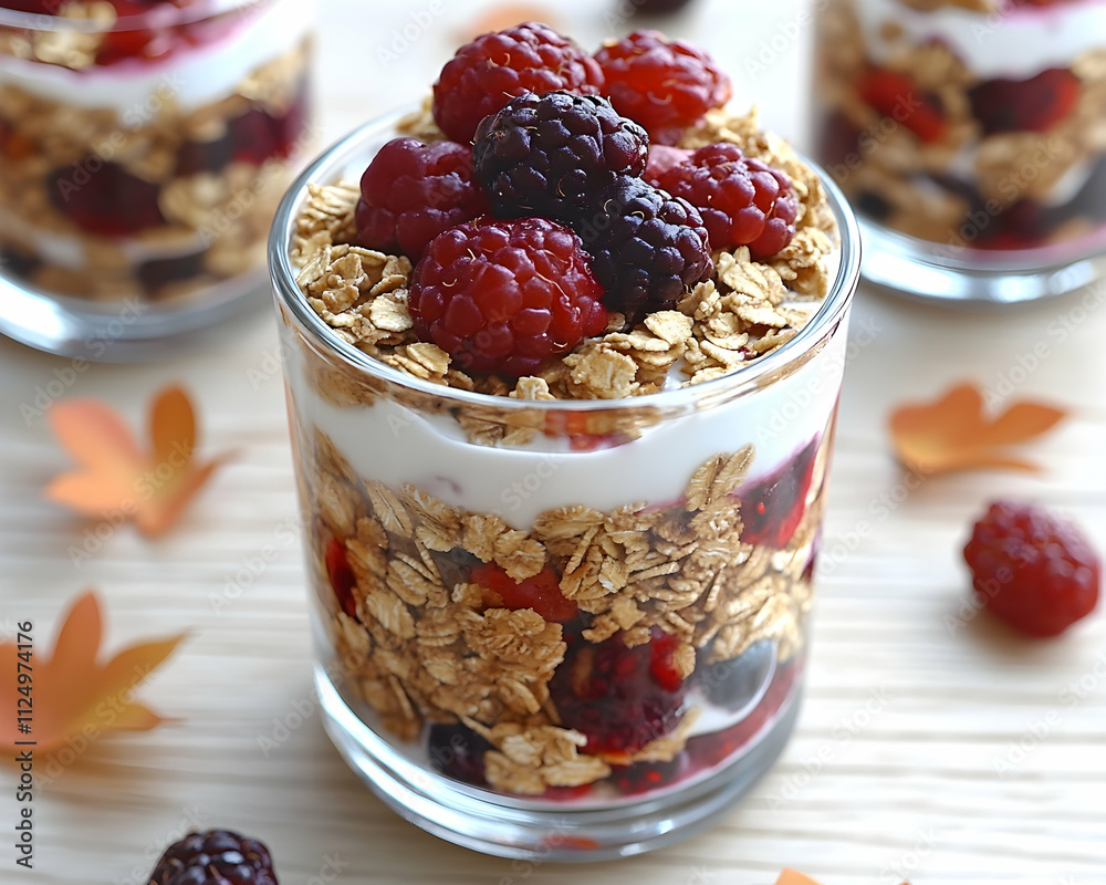 Delicious parfait with granola, yogurt, and berries in a glass.