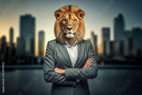 A conceptual image of a businesswoman with a lion's head, dressed in a gray suit, standing confidently with arms crossed against a blurred city skyline at sunset, symbolizing strength and leadership. photo