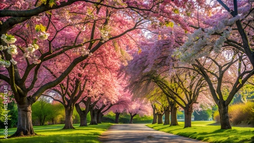 Picturesque park alley with blooming pink and white cherry blossom trees