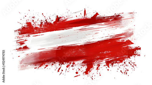 Abstract Austria flag painted with brushstrokes and splatters on white background.