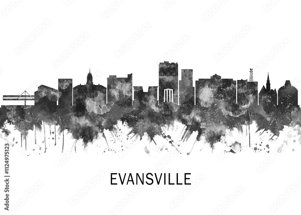 Obraz premium Evansville Indiana Skyline BW, print poster travel art illustration urban modern downtown landmarks skyscrapers artwork architecture digital design 