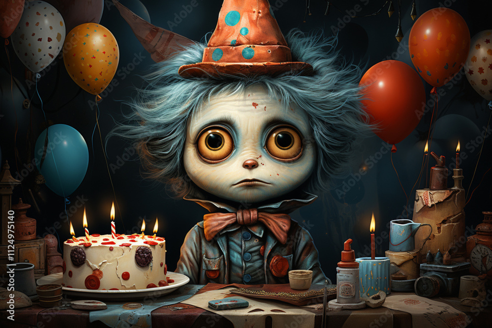 sad man and birthday cake, cartoon style,.