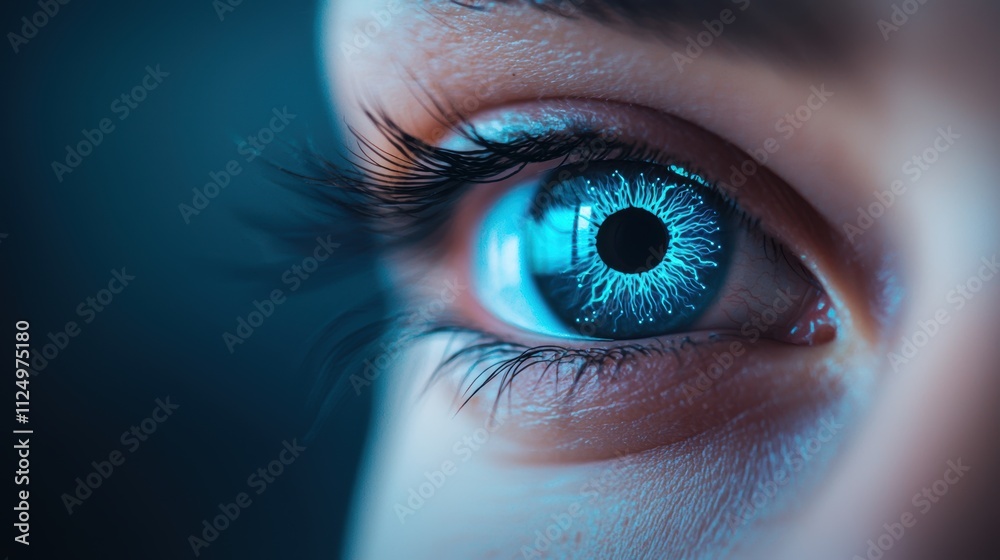 A close up shot of a human eye illuminated by a complex pattern of blue lasers, representing an iris scan for biometric identification. A close up shot of a human eye illuminated by a complex pattern of blue lasers, representing an iris scan for biometric identification.