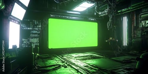 Futuristic green screen room with tech. photo