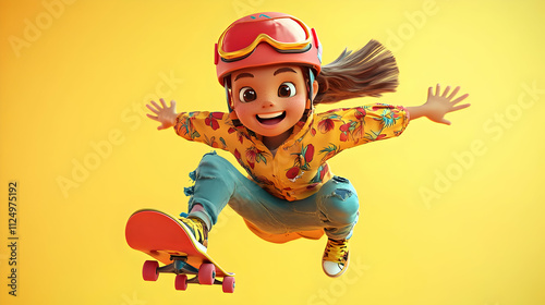 3D Illustration: Girl Skateboarding Joyfully