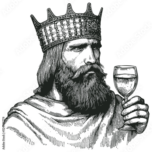 King holding a wine goblet, engraving style, vector illustration.