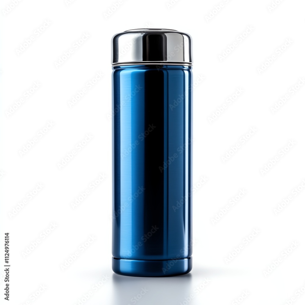 Blue stainless steel thermos, perfect for hot or cold beverages, isolated on white background. Blue stainless steel thermos, perfect for hot or cold beverages, isolated on white background.